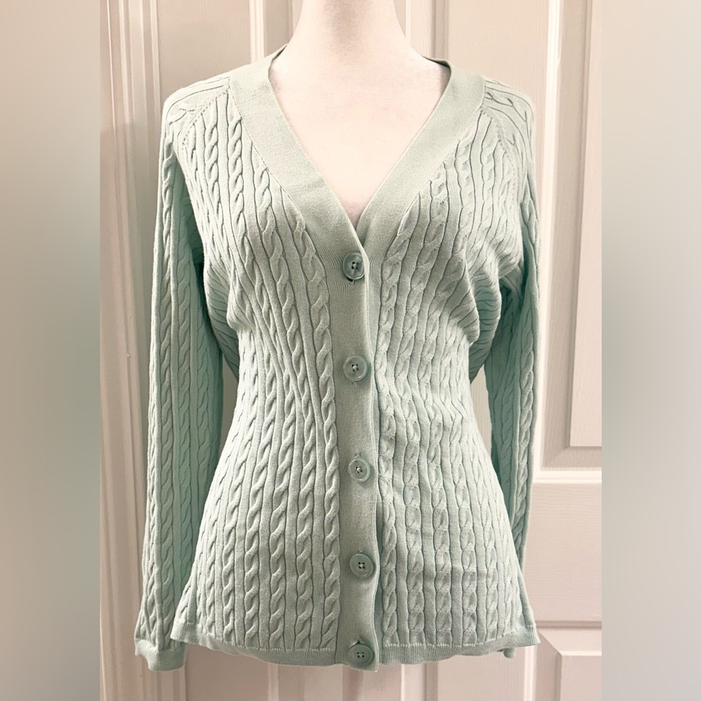 Talbots  100% Cotton Cable Knit Sweater Cardigan Women's Size XP Light Turquoise